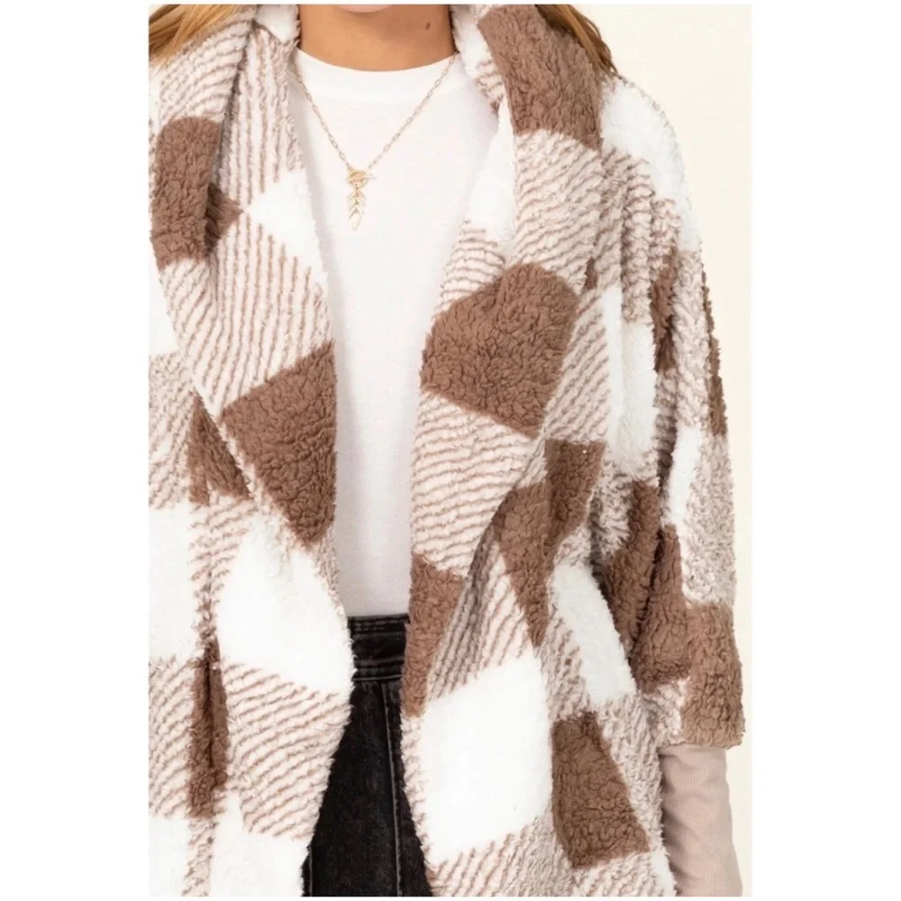 1 LEFT! Taupe Ivory Plaid Ultra Comfy Teddy Sherpa Open Cardigan Hooded Coat - Picture 3 of 3